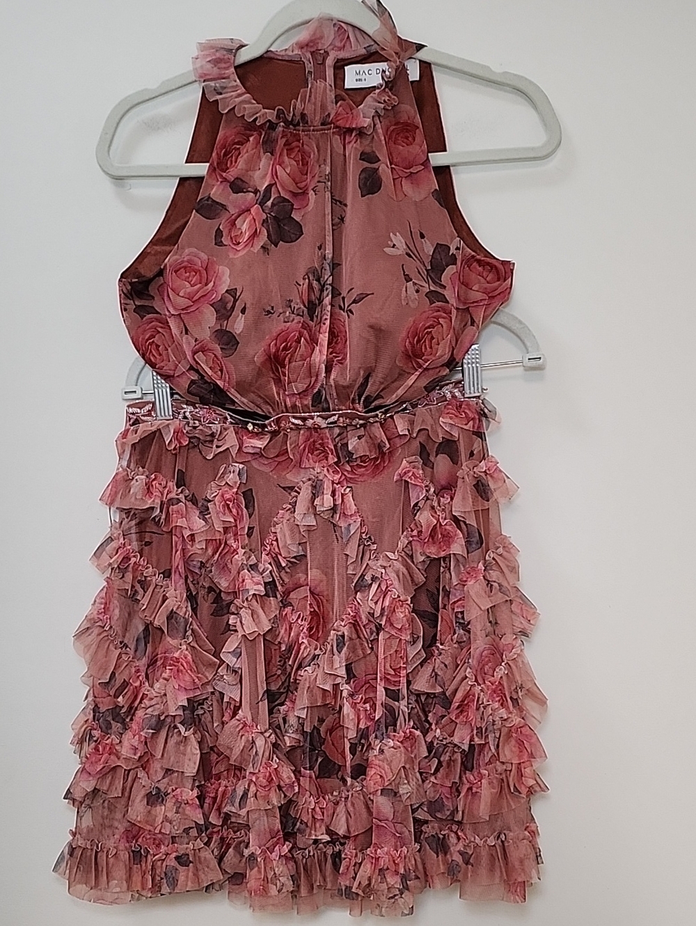 Mac Duggal Ruffled Cutout Halter Dustu Rose Floral Mini Dress Sz 6 - Picture 7 of 16